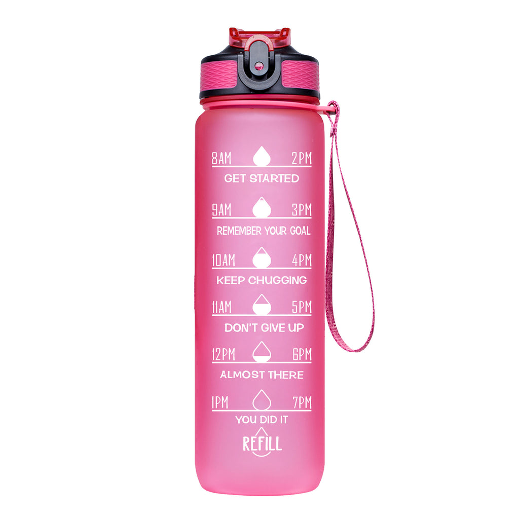 Arcana Arc Motivational Water Bottle with Time Marker/ Times to Drink - BPA Free Frosted Plastic - Gym, Sports, Outdoors (32oz, Pink)